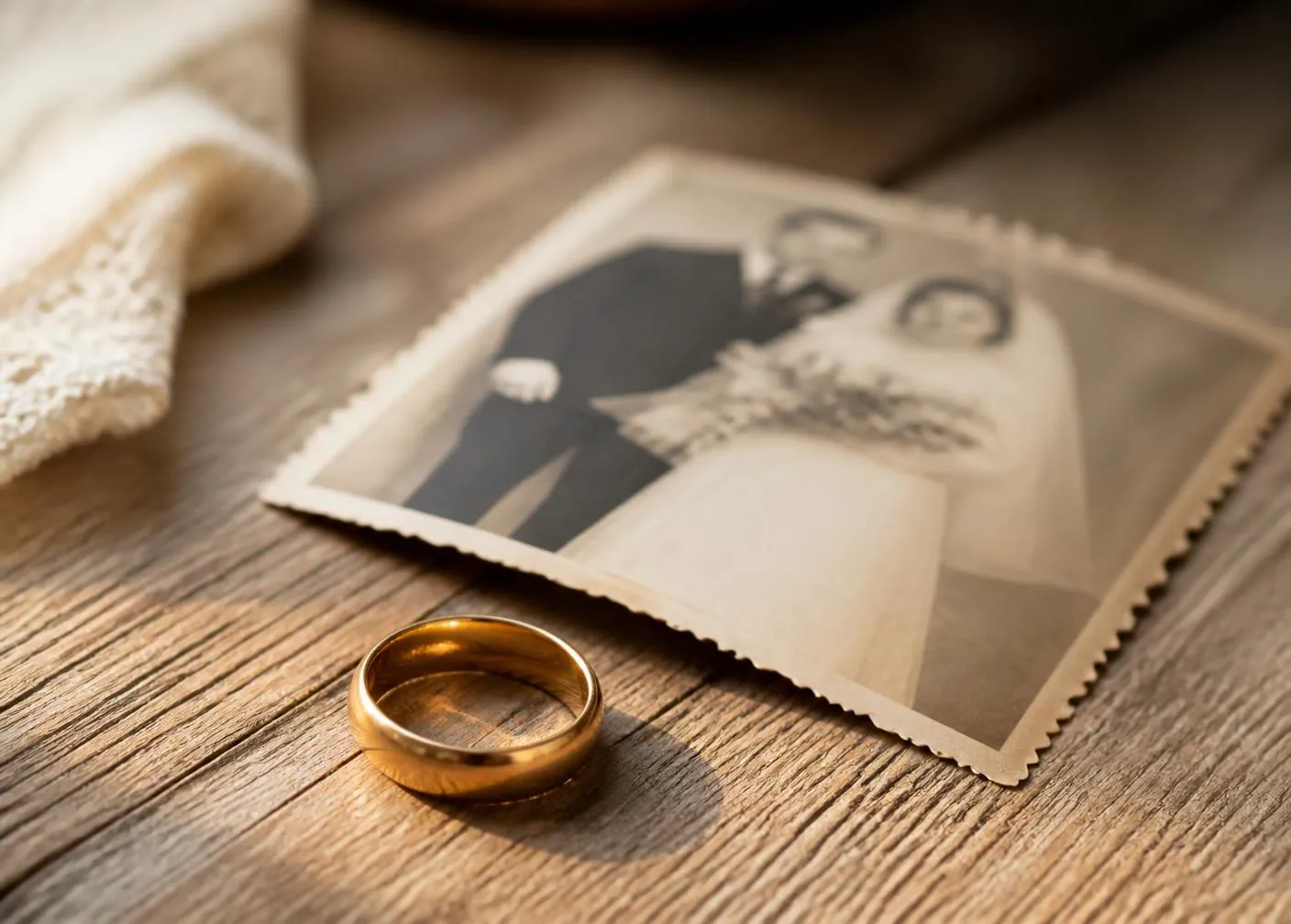 Aliança de ouro sobre mesa de madeira ao lado de uma fotografia antiga de casamento